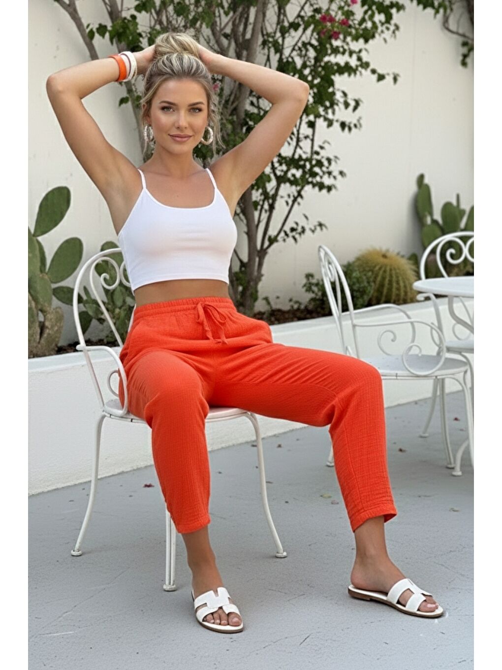 Organik Pamuk Turuncu Cepli Lastikli Ve Bağlamalı Bel Şalvar Casual Müslin Dokuma Pantolon 100 65-6