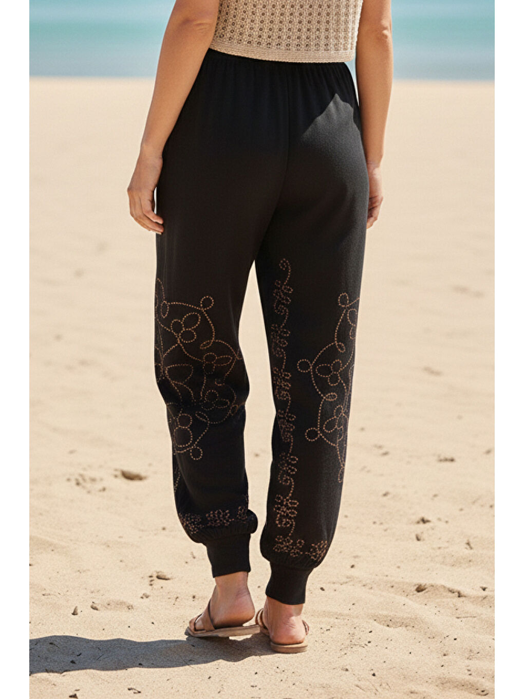 Siyah-Kahverengi Baskılı Cepli Lastikli Bel Lastikli Paça Casual Örme Şalvar Pantolon 95 60-4