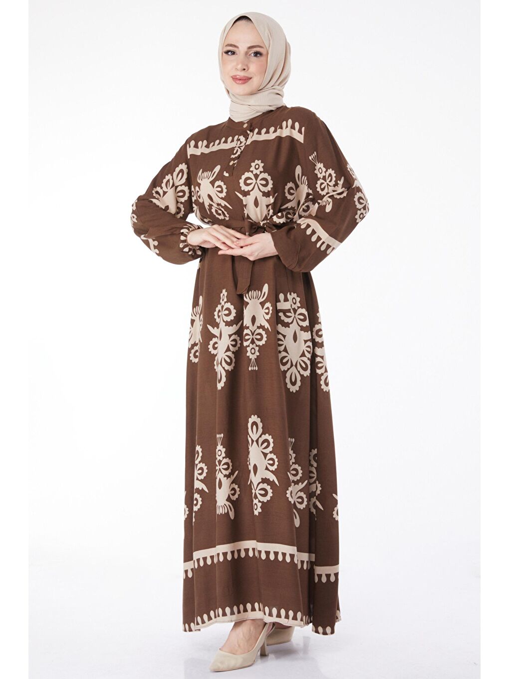 Hakim Yaka Kadın Kahverengi Desenli Renkli Elbise - 24989