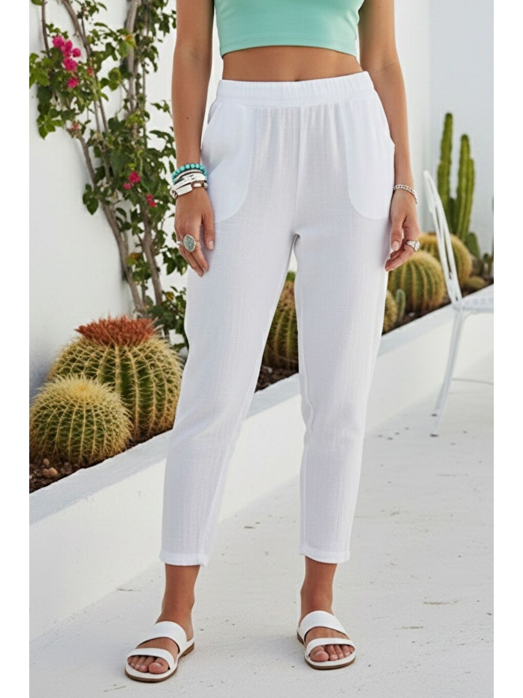 Organik Pamuk Beyaz Cepli Lastikli Ve Bağlamalı Bel Şalvar Casual Müslin Dokuma Pantolon 100 65
