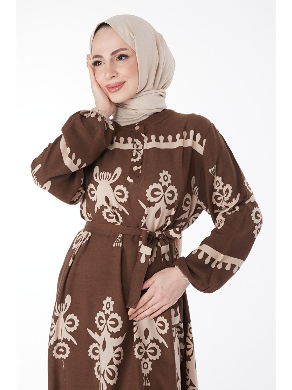 Hakim Yaka Kadın Kahverengi Desenli Renkli Elbise - 24989-1