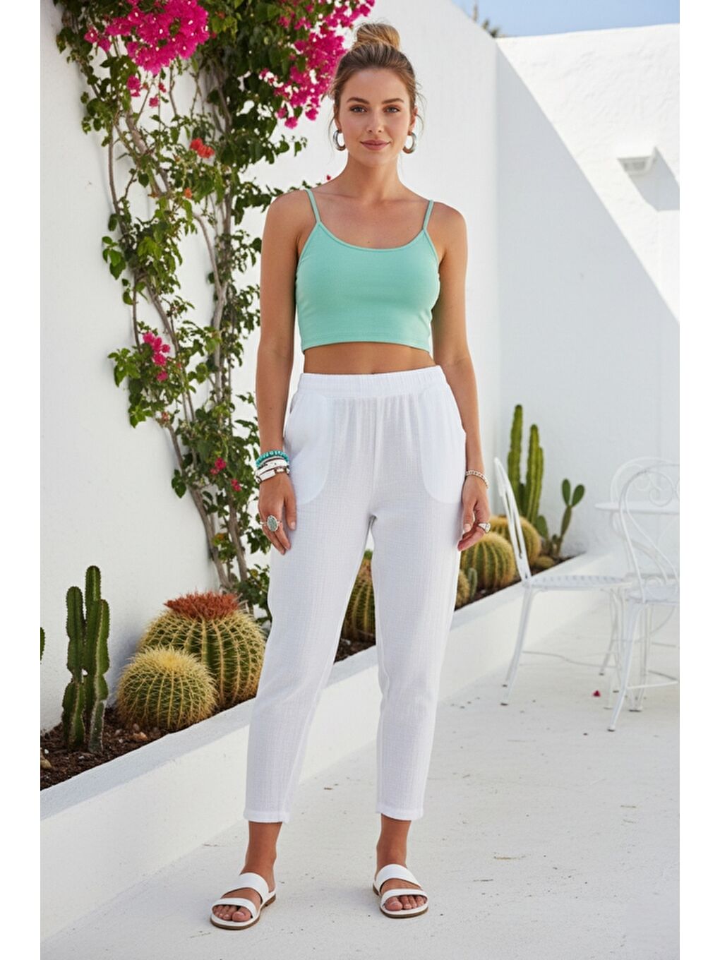 Organik Pamuk Beyaz Cepli Lastikli Ve Bağlamalı Bel Şalvar Casual Müslin Dokuma Pantolon 100 65-2