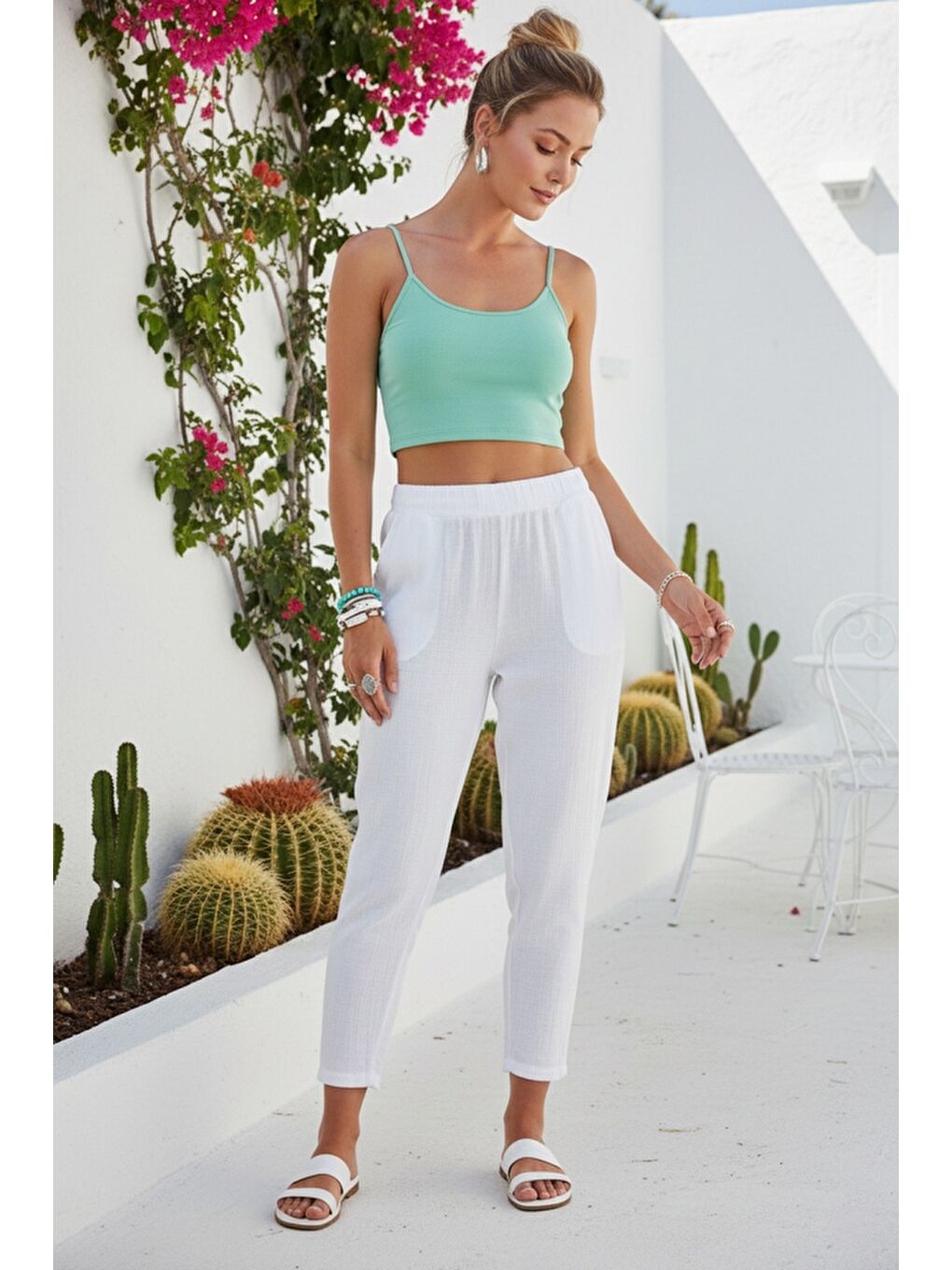 Organik Pamuk Beyaz Cepli Lastikli Ve Bağlamalı Bel Şalvar Casual Müslin Dokuma Pantolon 100 65-3