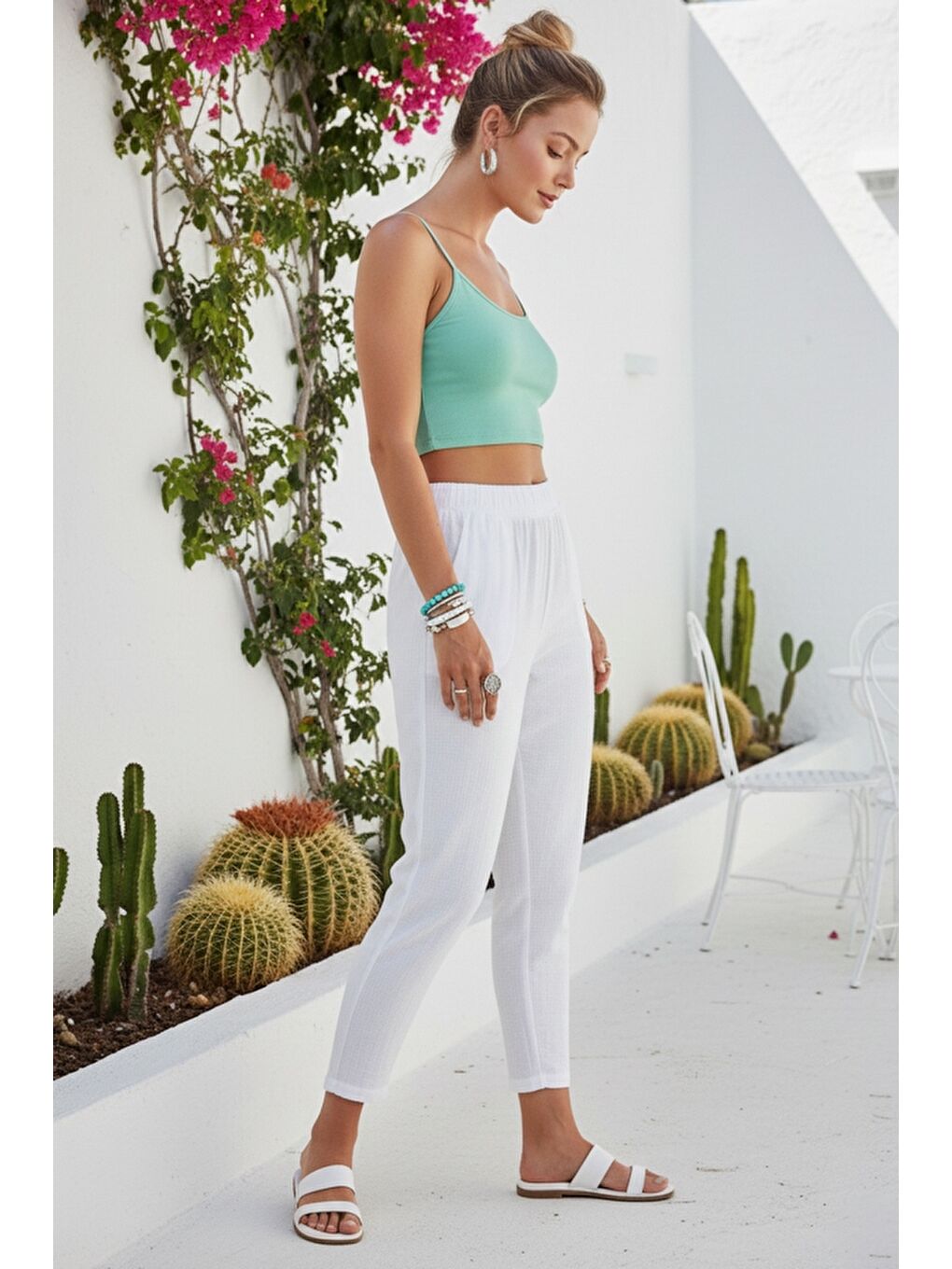 Organik Pamuk Beyaz Cepli Lastikli Ve Bağlamalı Bel Şalvar Casual Müslin Dokuma Pantolon 100 65-4