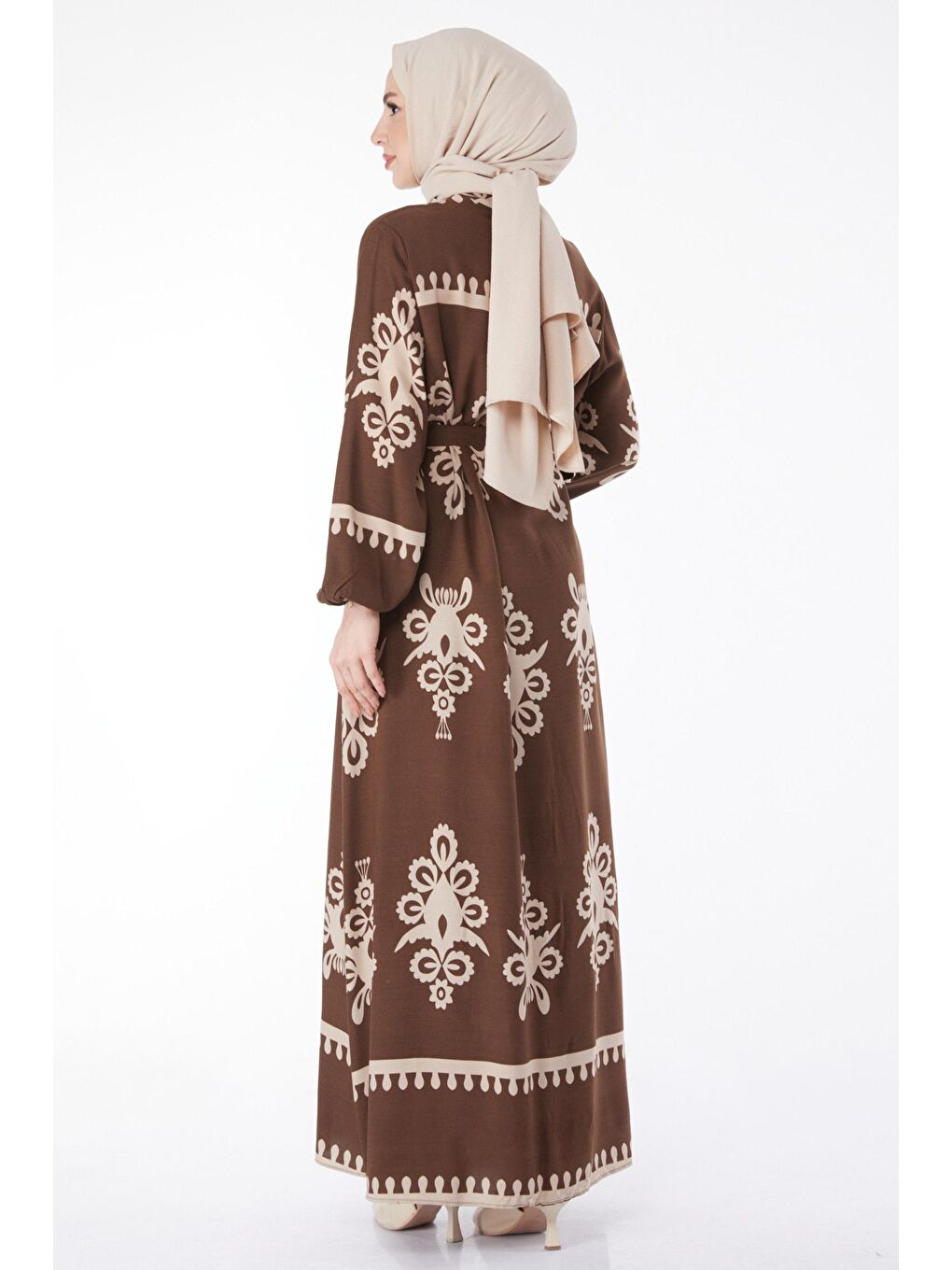 Hakim Yaka Kadın Kahverengi Desenli Renkli Elbise - 24989-3