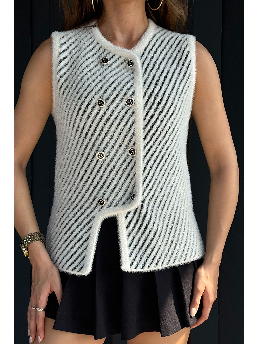 Ekru Kadın  İplik Sakallı Triko Yelek-2