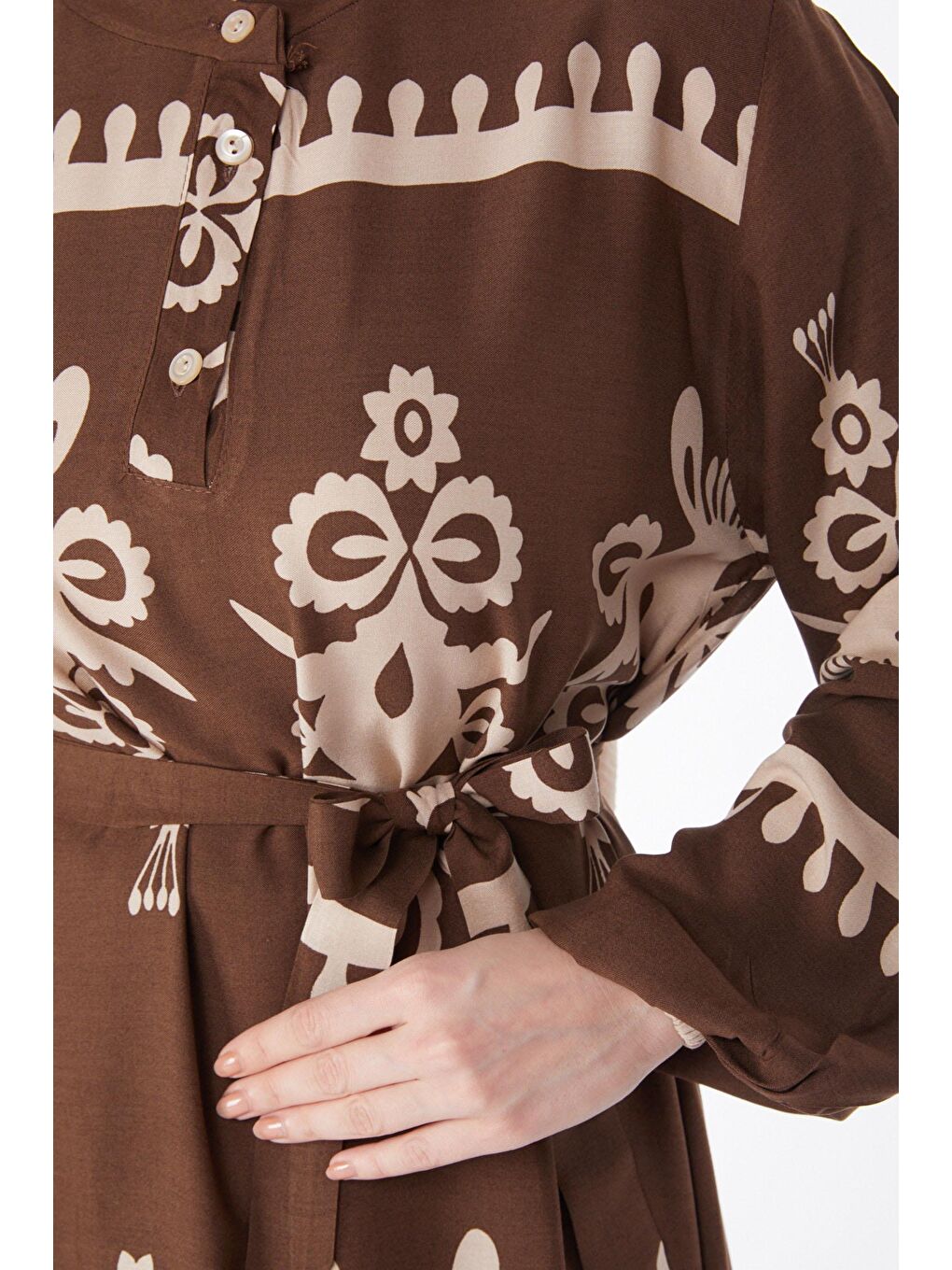 Hakim Yaka Kadın Kahverengi Desenli Renkli Elbise - 24989-4