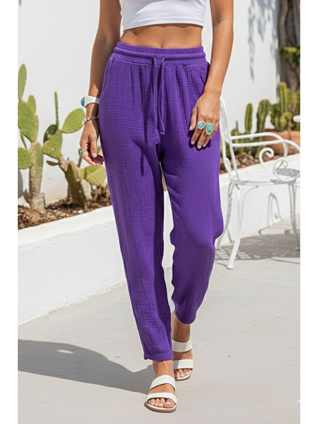 Organik Pamuk Mor Cepli Lastikli Ve Bağlamalı Bel Şalvar Casual Müslin Dokuma Pantolon 100 65