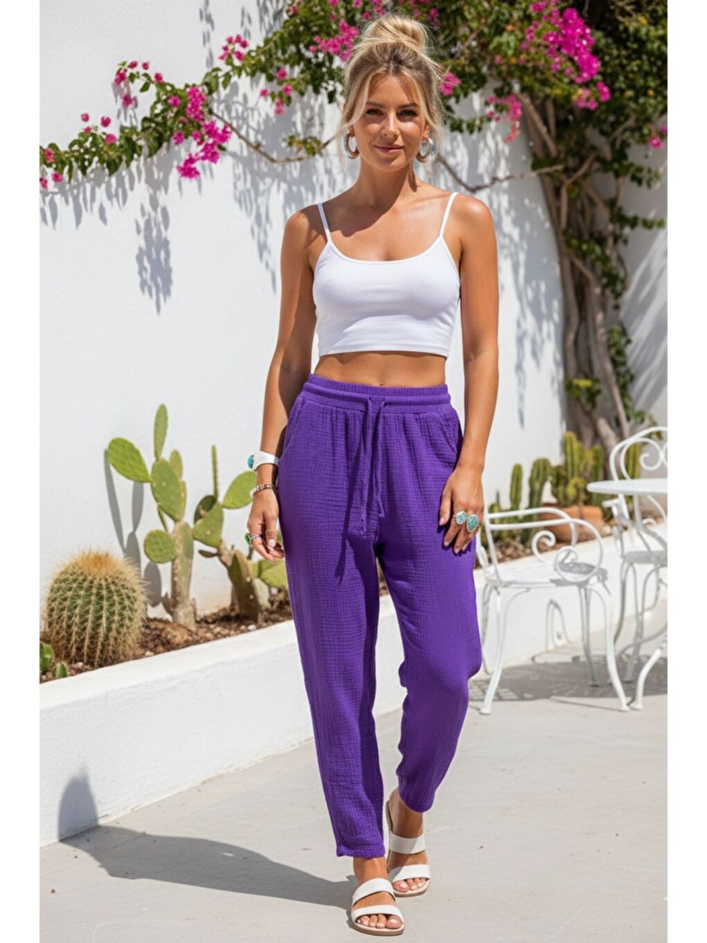 Organik Pamuk Mor Cepli Lastikli Ve Bağlamalı Bel Şalvar Casual Müslin Dokuma Pantolon 100 65-1