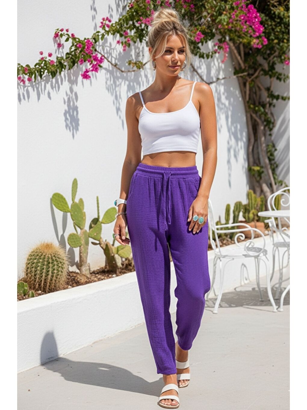Organik Pamuk Mor Cepli Lastikli Ve Bağlamalı Bel Şalvar Casual Müslin Dokuma Pantolon 100 65-2