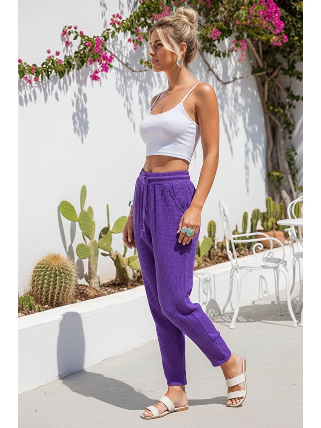 Organik Pamuk Mor Cepli Lastikli Ve Bağlamalı Bel Şalvar Casual Müslin Dokuma Pantolon 100 65-3