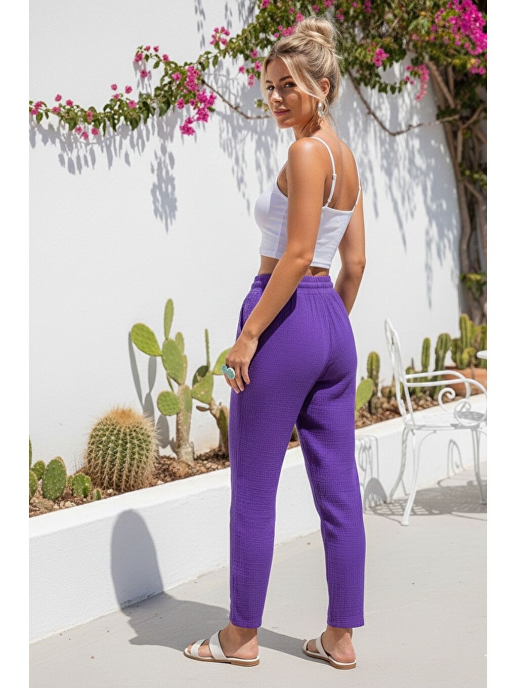 Organik Pamuk Mor Cepli Lastikli Ve Bağlamalı Bel Şalvar Casual Müslin Dokuma Pantolon 100 65-4