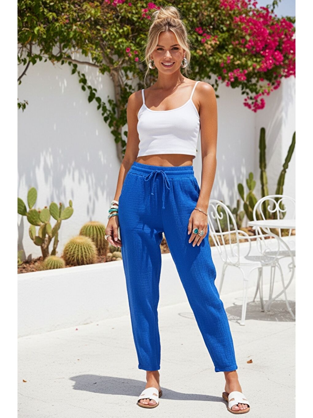 Organik Pamuk Mavi Cepli Lastikli Ve Bağlamalı Bel Şalvar Casual Müslin Dokuma Pantolon 100 65-1