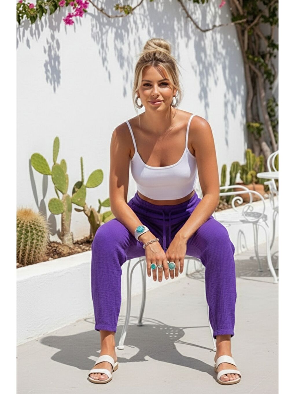 Organik Pamuk Mor Cepli Lastikli Ve Bağlamalı Bel Şalvar Casual Müslin Dokuma Pantolon 100 65-5