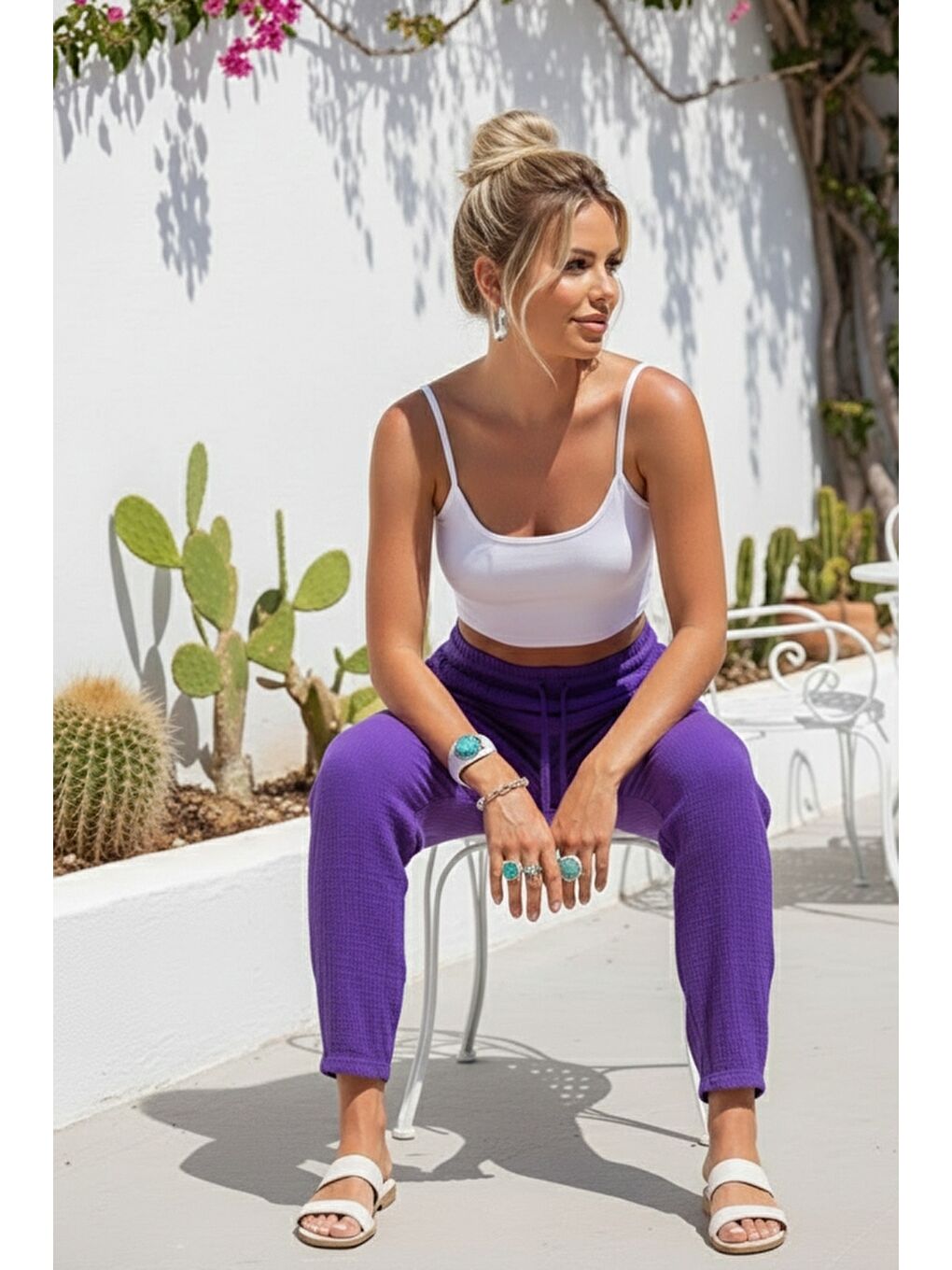 Organik Pamuk Mor Cepli Lastikli Ve Bağlamalı Bel Şalvar Casual Müslin Dokuma Pantolon 100 65-6