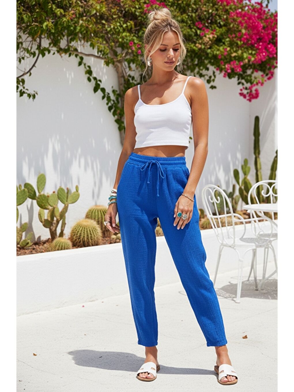 Organik Pamuk Mavi Cepli Lastikli Ve Bağlamalı Bel Şalvar Casual Müslin Dokuma Pantolon 100 65-2