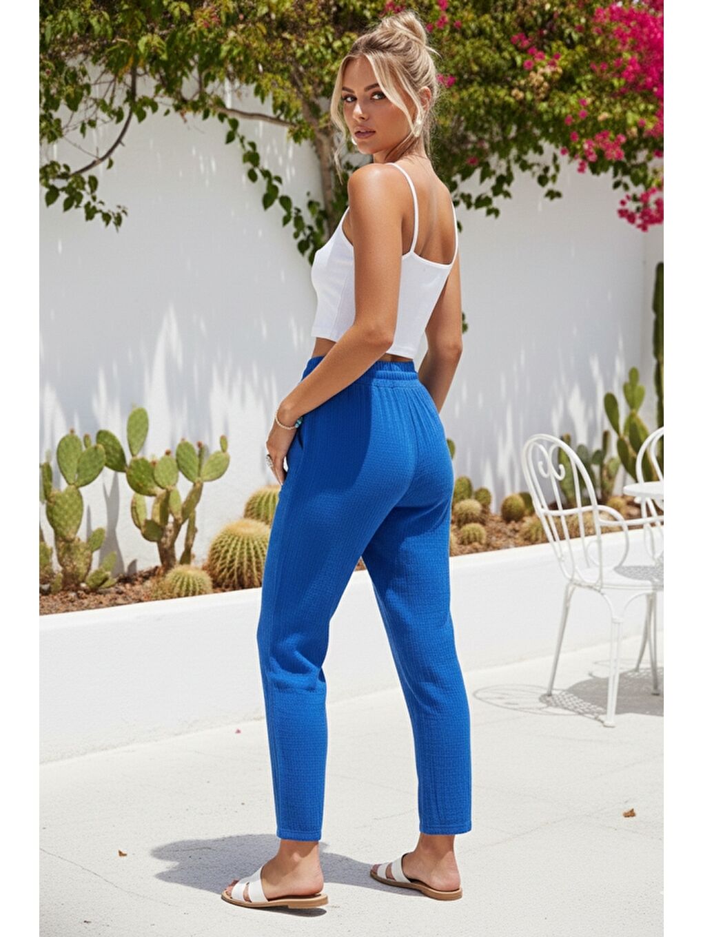 Organik Pamuk Mavi Cepli Lastikli Ve Bağlamalı Bel Şalvar Casual Müslin Dokuma Pantolon 100 65-4