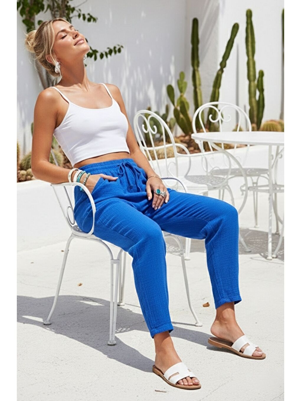 Organik Pamuk Mavi Cepli Lastikli Ve Bağlamalı Bel Şalvar Casual Müslin Dokuma Pantolon 100 65-5