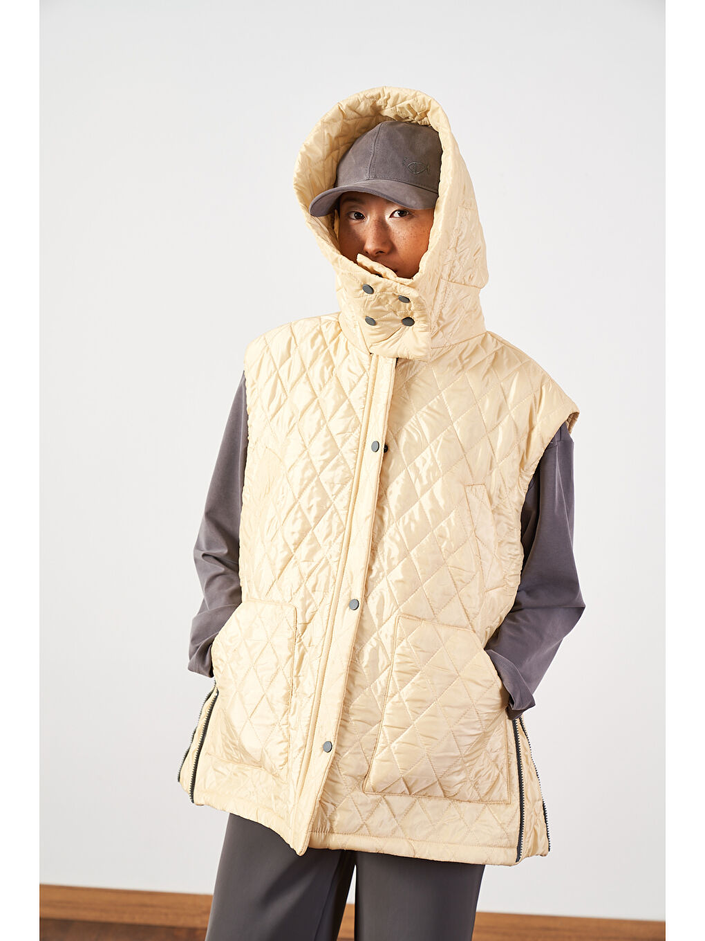 Sarı Geniş Kalıp Kapitone Şişme Kadın Yelek Butter Yellow-6