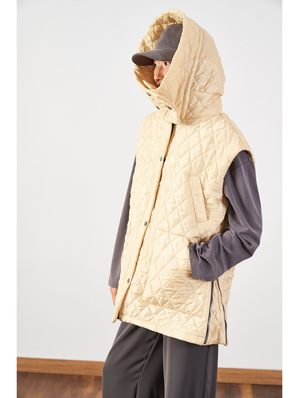 Sarı Geniş Kalıp Kapitone Şişme Kadın Yelek Butter Yellow-9