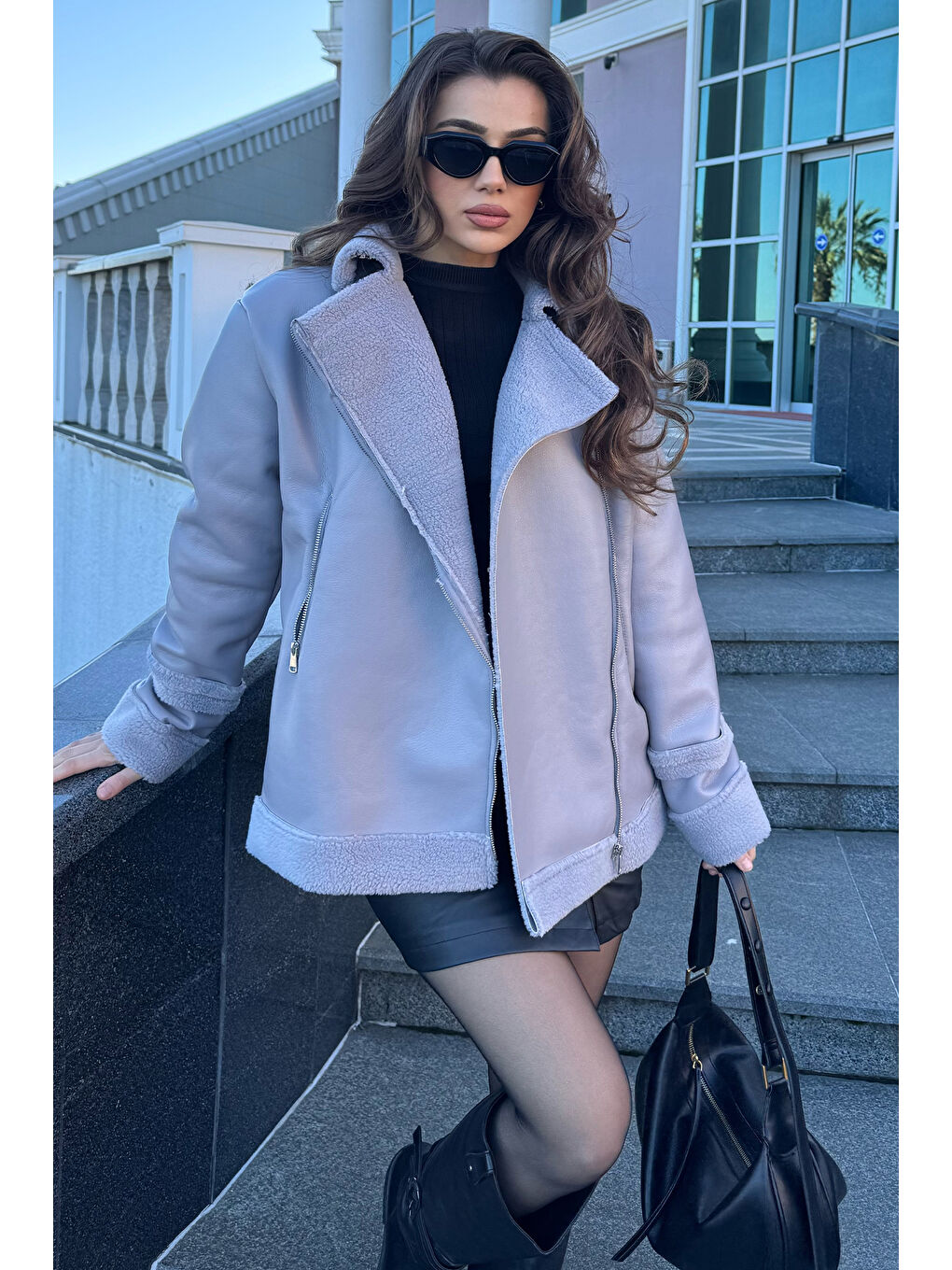Gri İçi Pelüş Suni Deri Kadın Mont