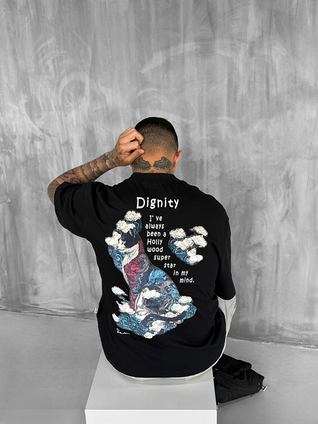 Erkek Yamalı Oversize %100 Pamuk Tişört Siyah