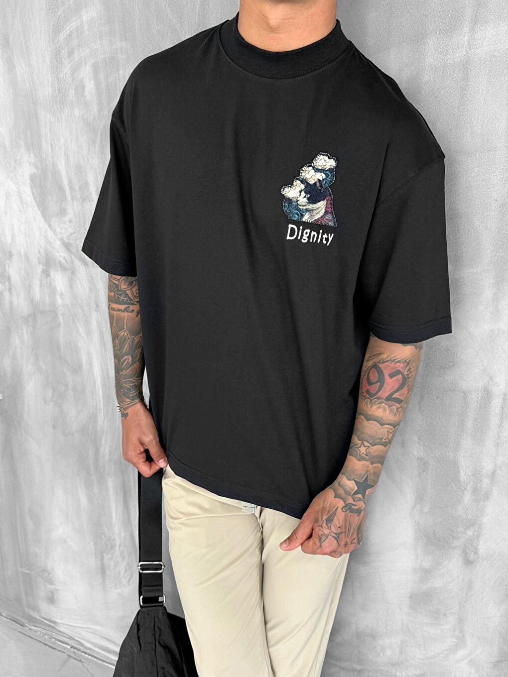 Erkek Yamalı Oversize %100 Pamuk Tişört Siyah-1