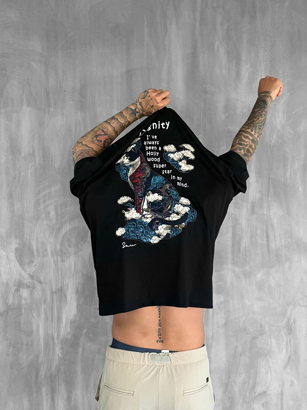 Erkek Yamalı Oversize %100 Pamuk Tişört Siyah-2