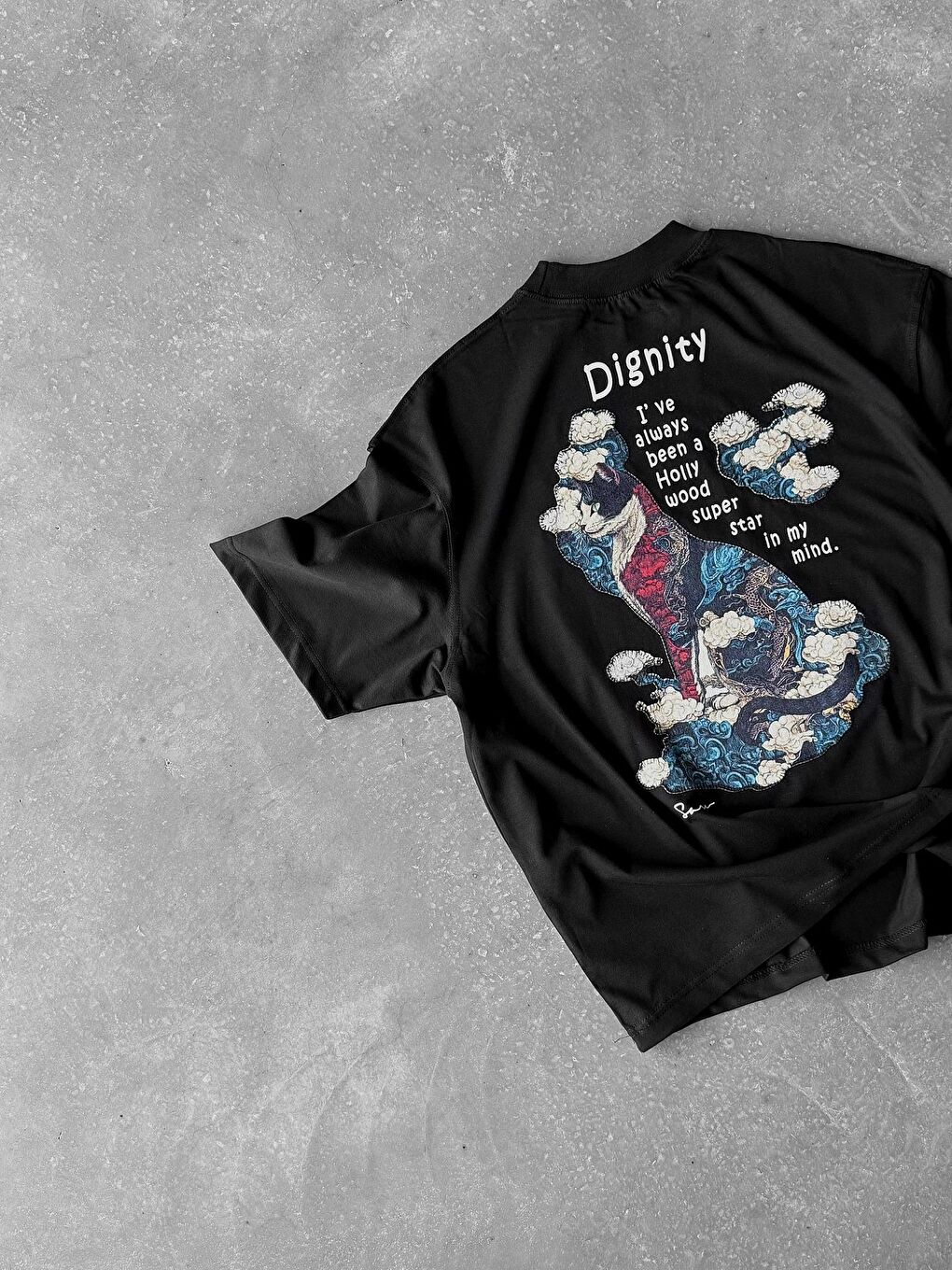 Erkek Yamalı Oversize %100 Pamuk Tişört Siyah-4