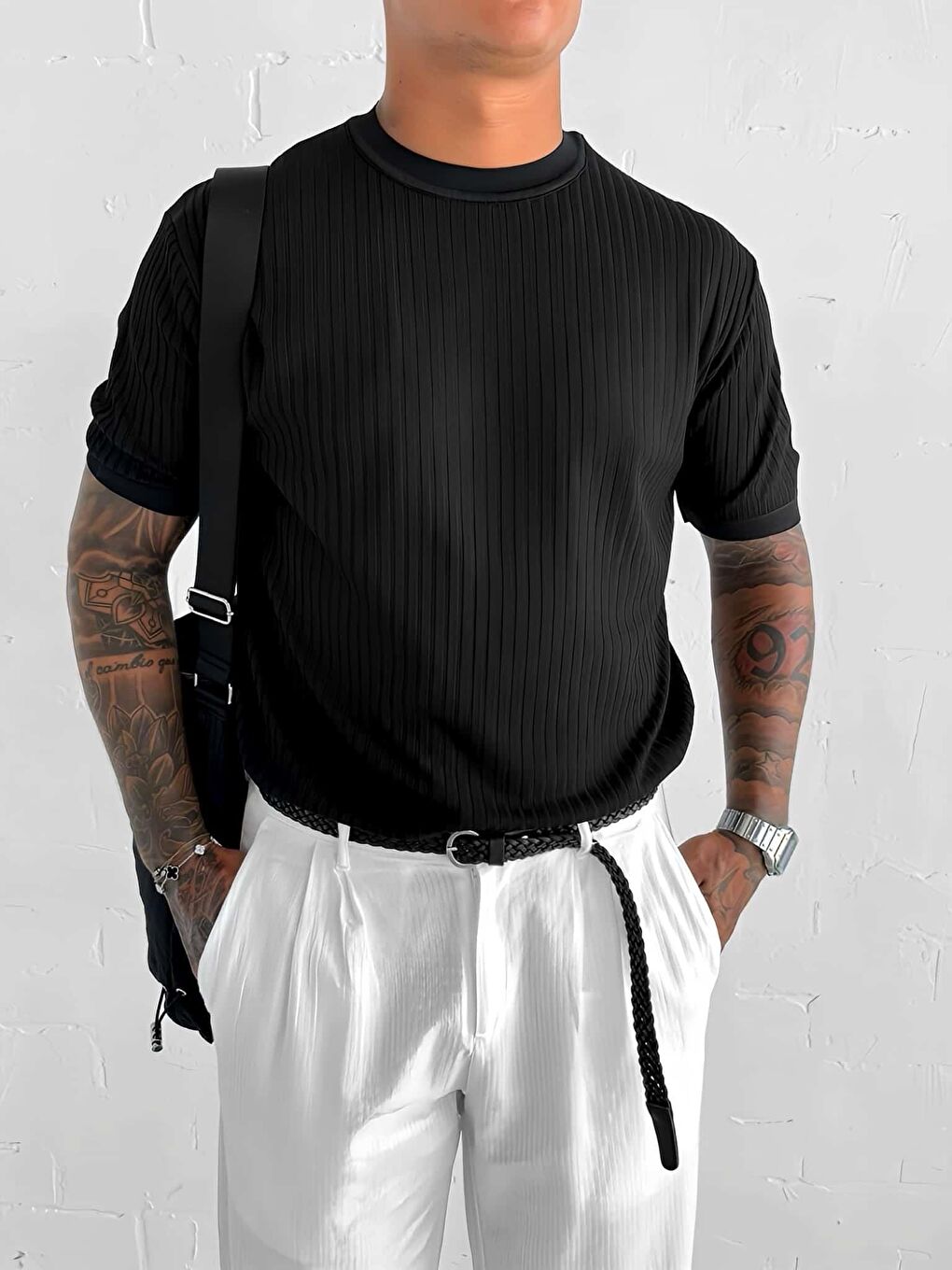 Erkek Slim Fit Fitilli Tişört Siyah