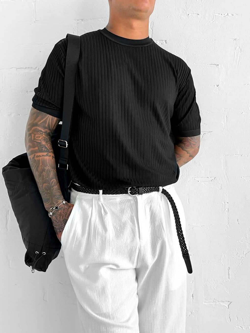 Erkek Slim Fit Fitilli Tişört Siyah-1