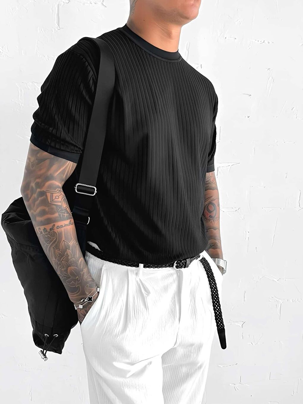 Erkek Slim Fit Fitilli Tişört Siyah-2