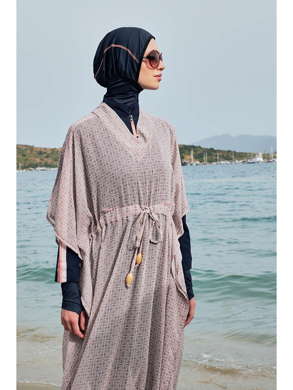 Desenli Bej Uzun Pareo 4099-1