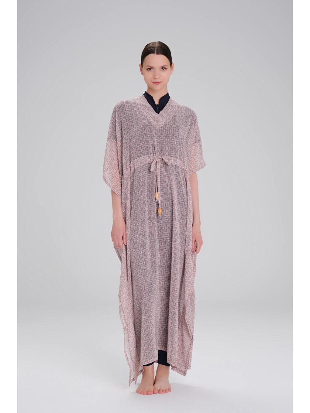 Desenli Bej Uzun Pareo 4099-2