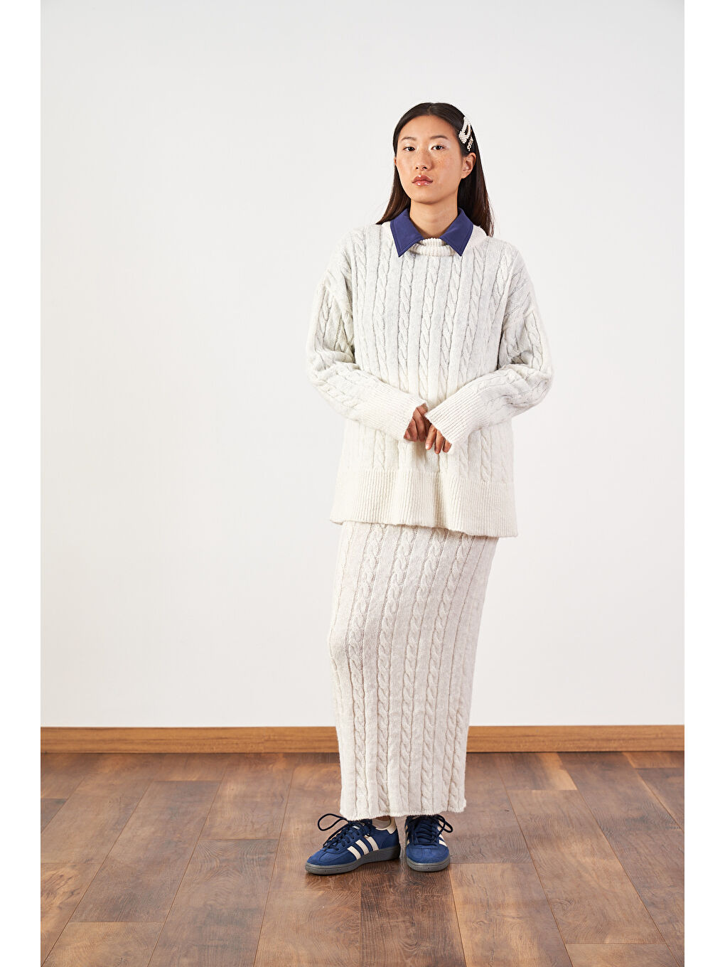 Saç Örgü Oversize Kazak Uzun Etek Triko Takımı Ekru-1