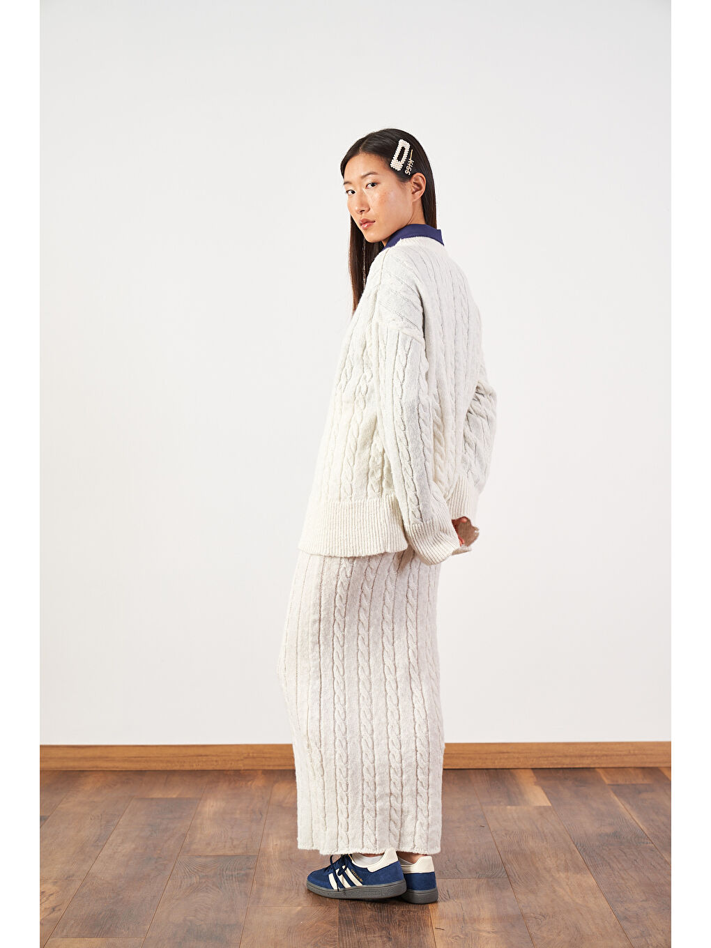 Saç Örgü Oversize Kazak Uzun Etek Triko Takımı Ekru-2