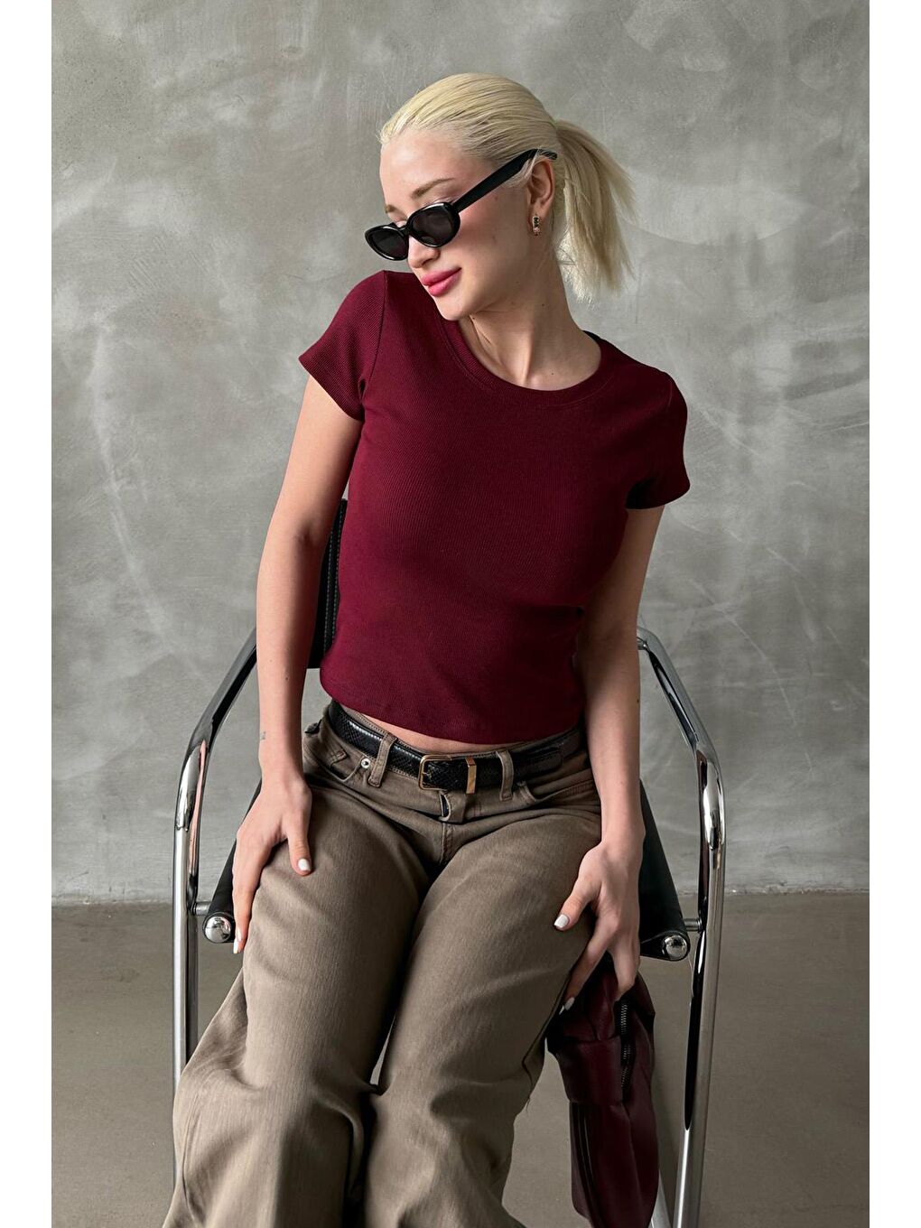 Bordo Geniş Yaka Fittili Basic Kadın T-Shirt Mg2293-3