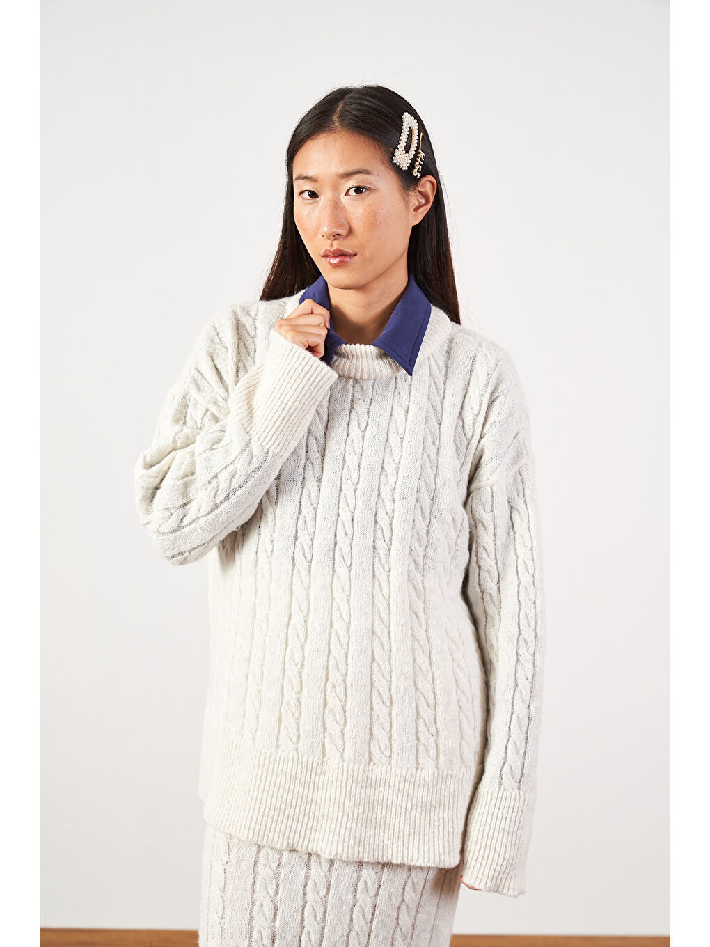 Saç Örgü Oversize Kazak Uzun Etek Triko Takımı Ekru-4