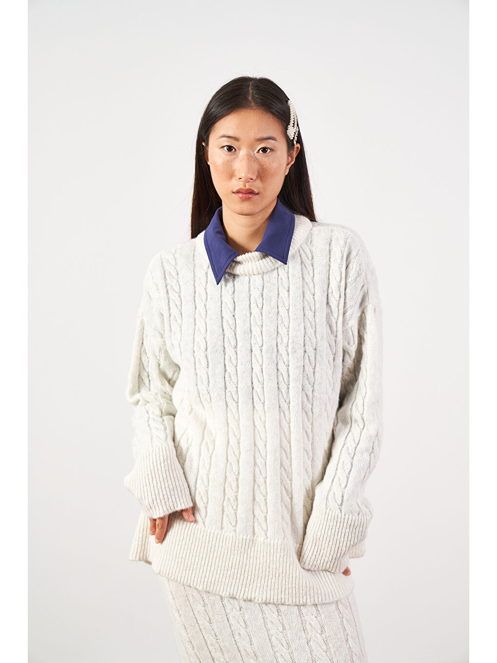 Saç Örgü Oversize Kazak Uzun Etek Triko Takımı Ekru-5