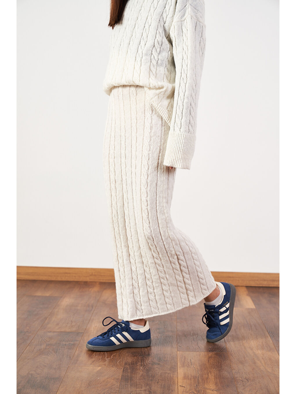 Saç Örgü Oversize Kazak Uzun Etek Triko Takımı Ekru-8