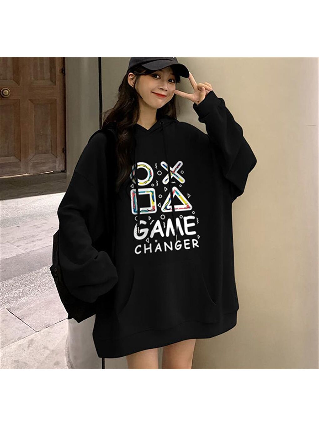 Touz Moda Siyah Game Changer Baskılı Siyah Unisex Oversize Kapüşonlu Sweatshirt