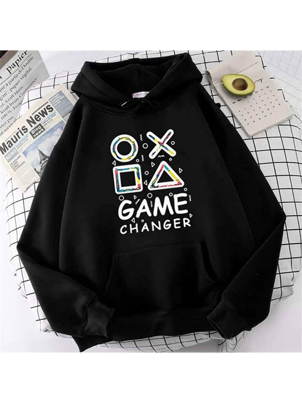 Touz Moda Siyah Game Changer Baskılı Siyah Unisex Oversize Kapüşonlu Sweatshirt - 1