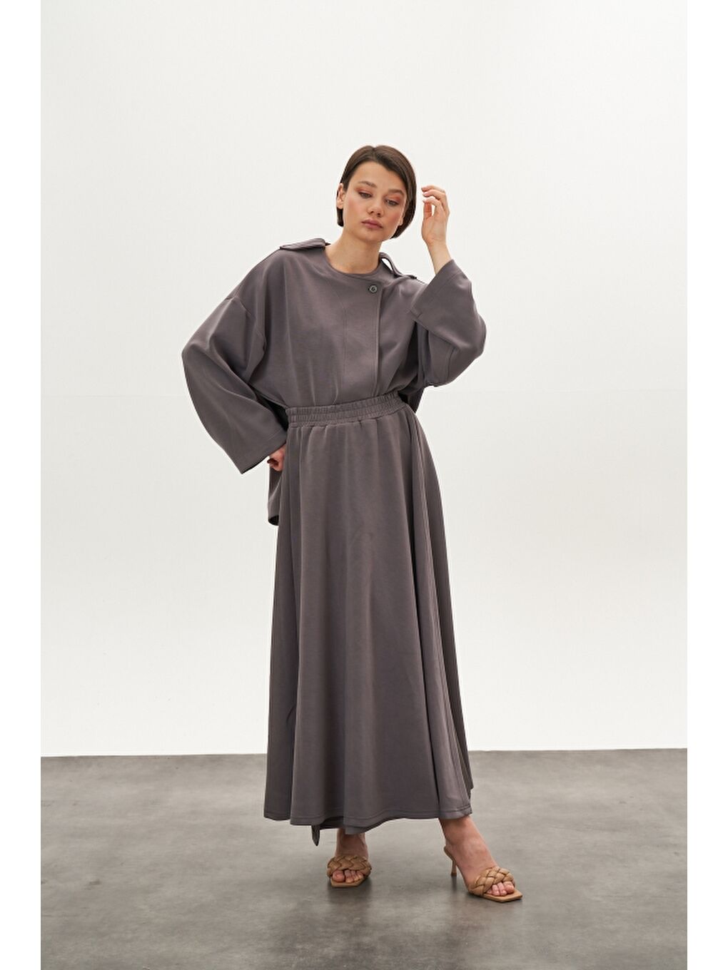 Kruvaze Modal Etek Ceket Alt Üst Takım Gri