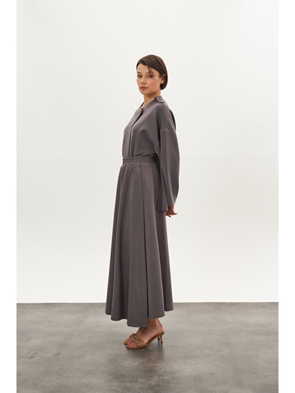 Kruvaze Modal Etek Ceket Alt Üst Takım Gri-1