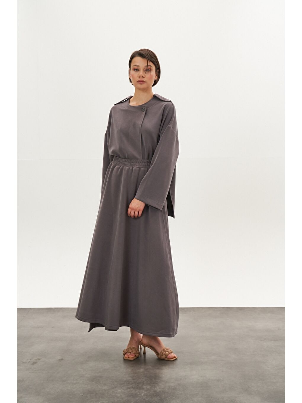 Kruvaze Modal Etek Ceket Alt Üst Takım Gri-2