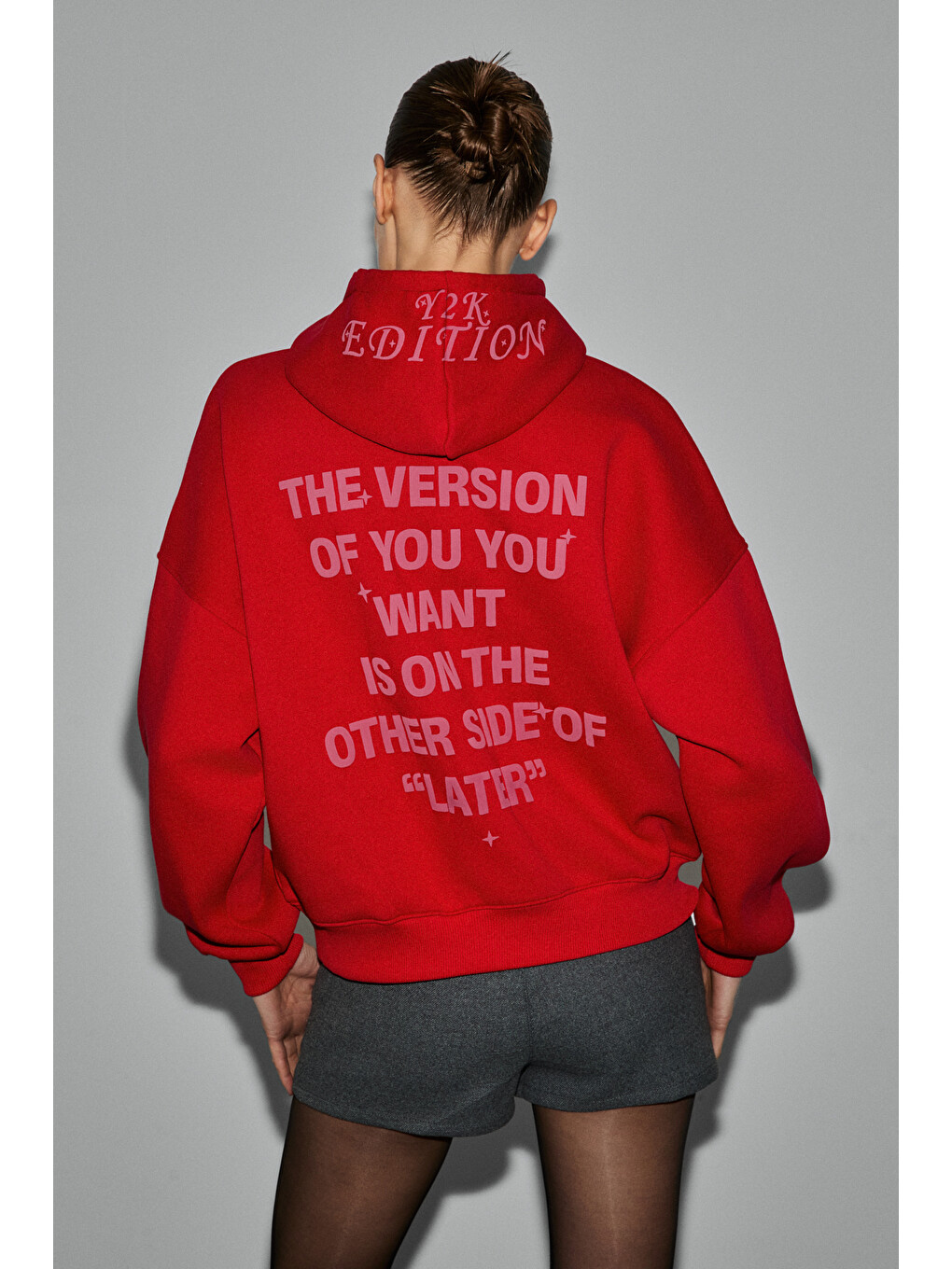 Spectrum Kadın Organik Pamuklu İçi Polarlı Kapüşonlu Baskılı Oversize Kırmızı Sweatshirt-1