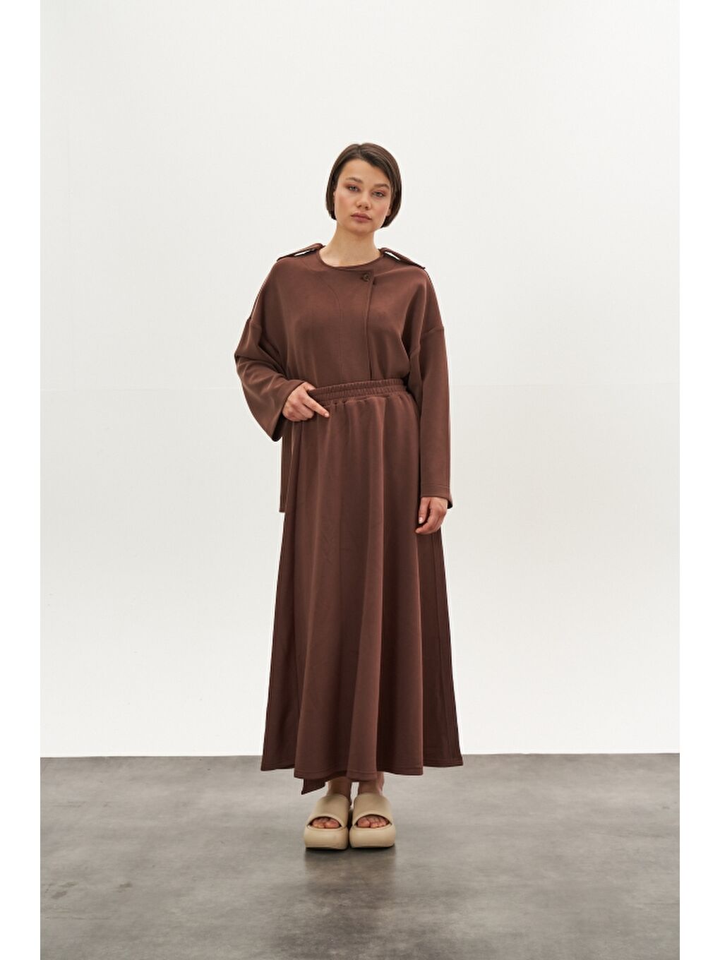 Kahverengi Kruvaze Modal Etek Ceket Alt Üst Takım Kahve-1