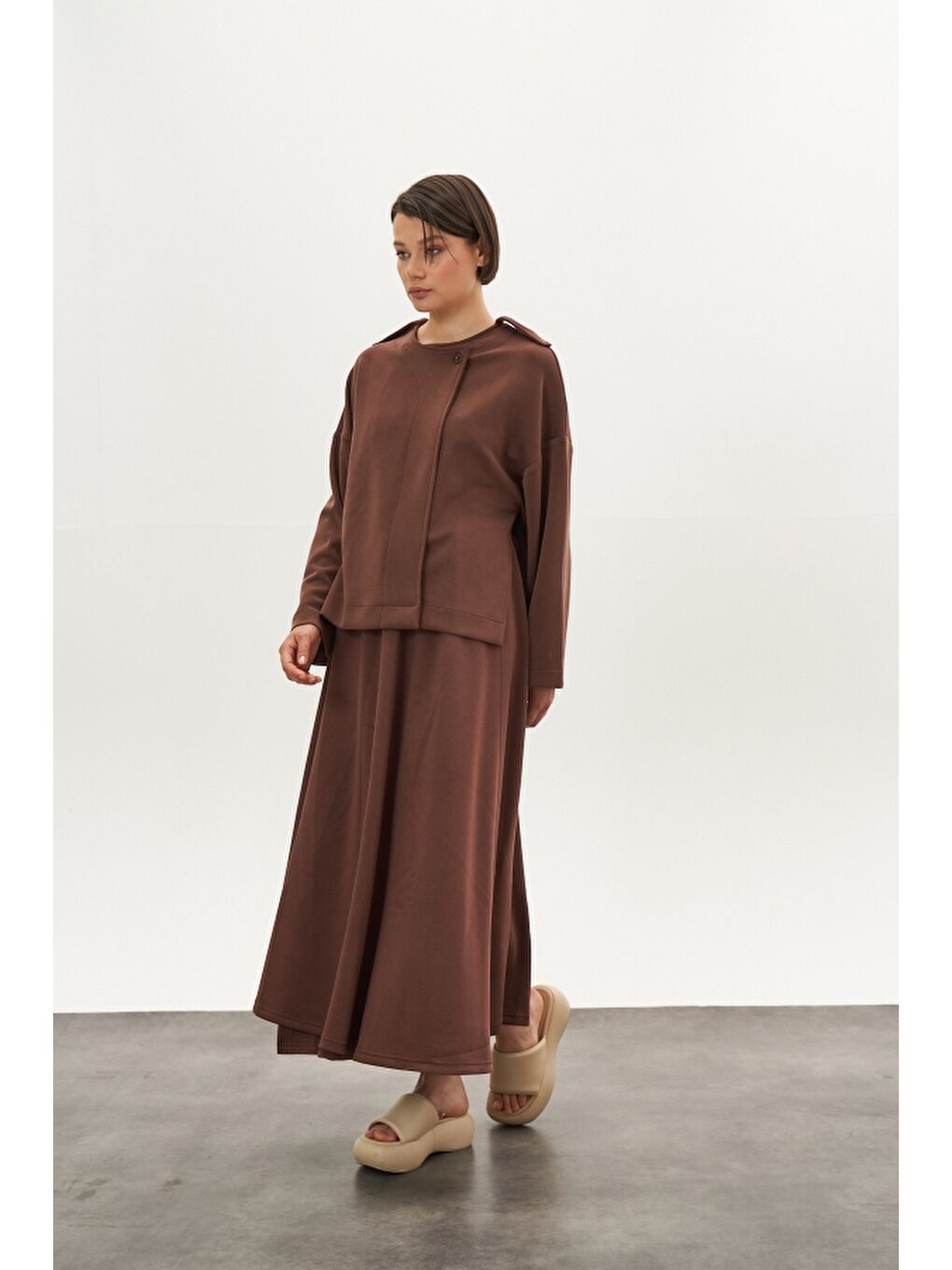 Kahverengi Kruvaze Modal Etek Ceket Alt Üst Takım Kahve-2