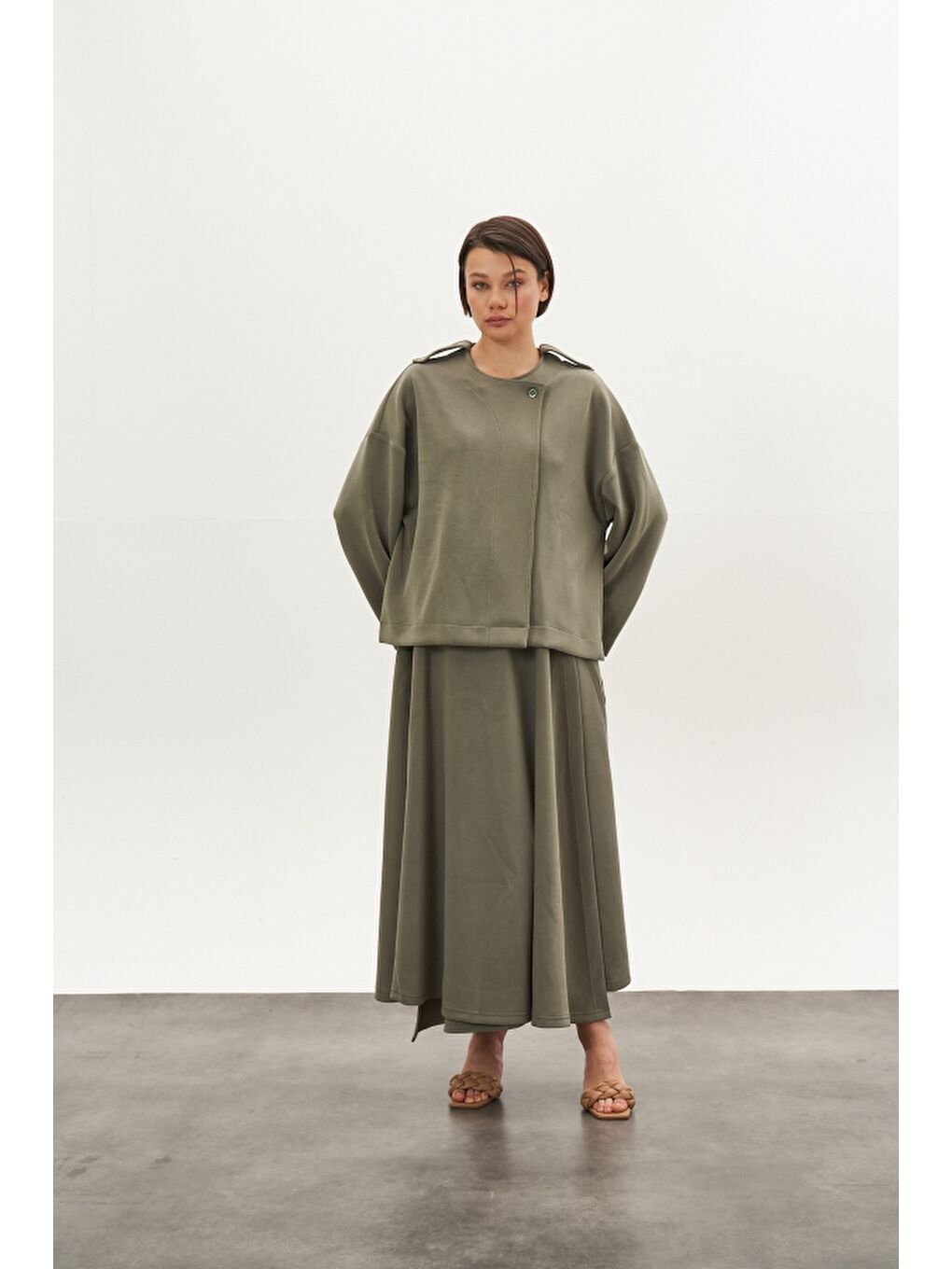 Karışık Kruvaze Modal Etek Ceket Alt Üst Takım Haki-1