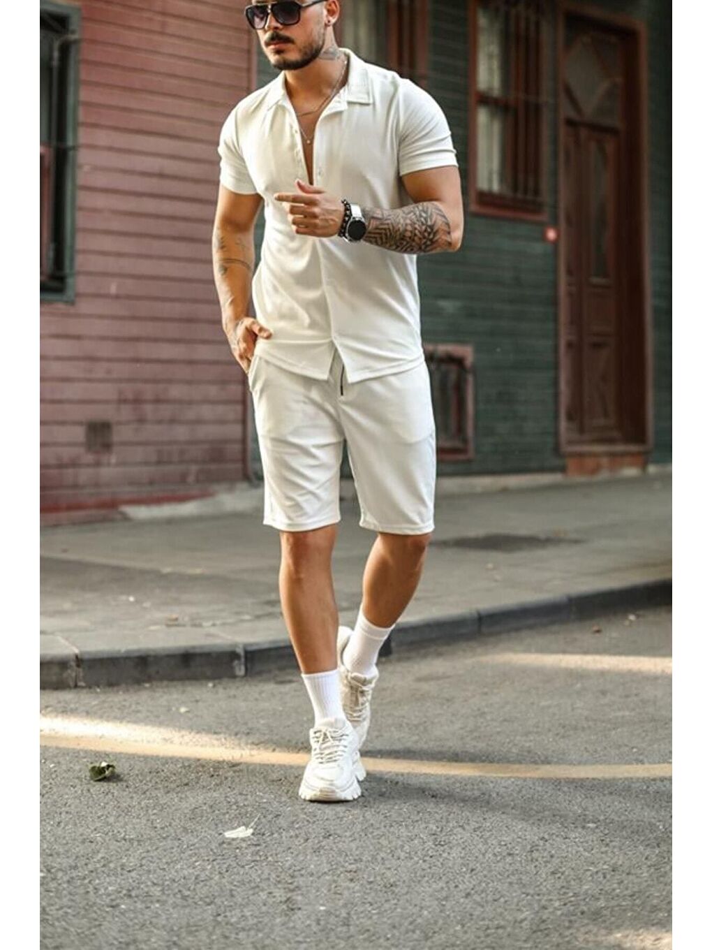 Erkek Beyaz Slim Fit Alt Üst Şort Takım gmlksrt01r01s